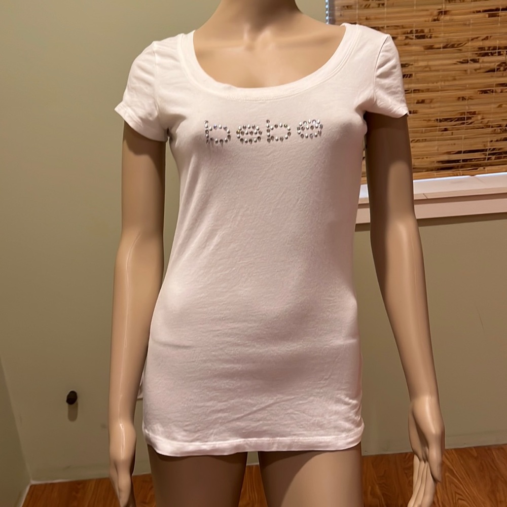 Bebe White T-shirt Rhinestone Embellished Says Bebe Size M